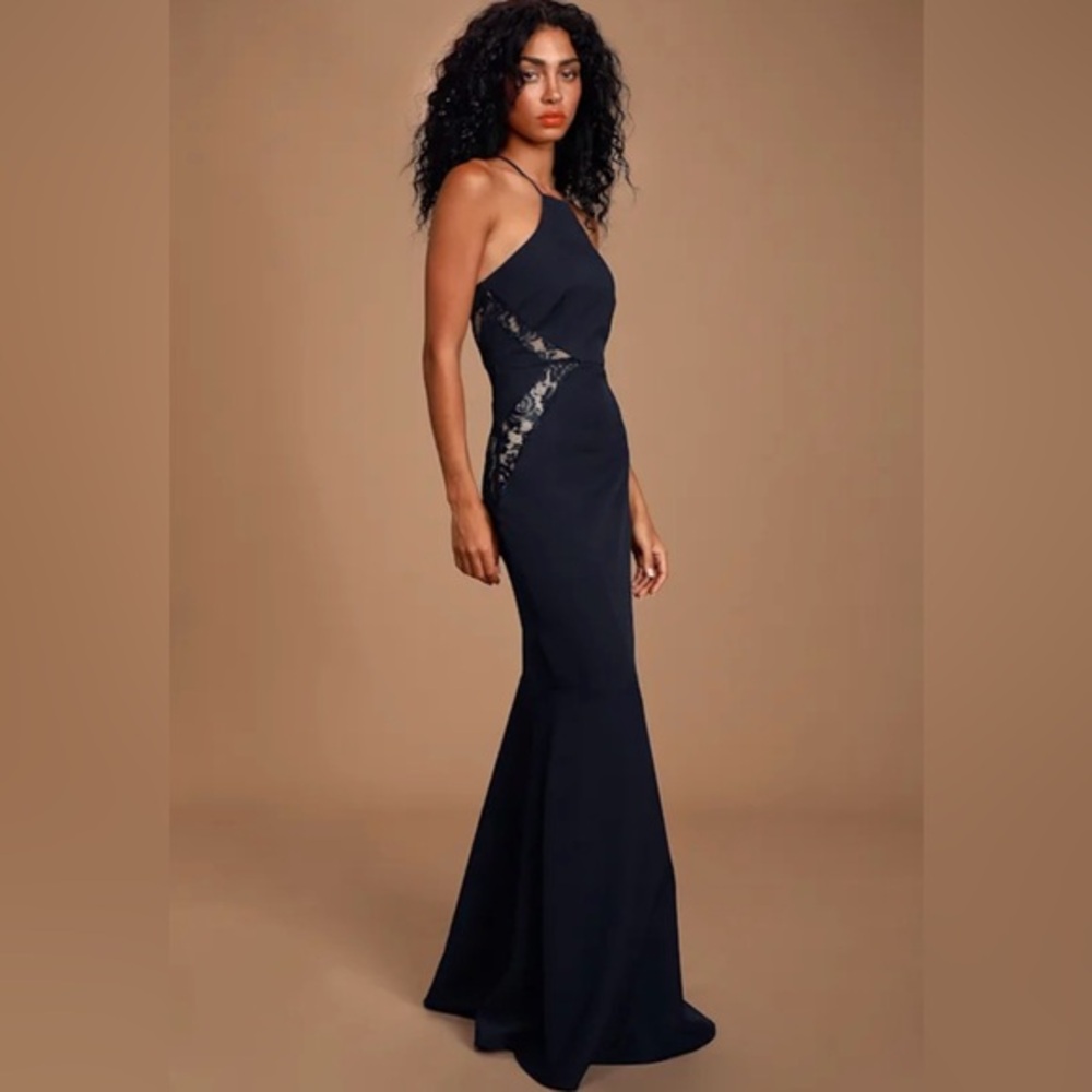 NWT M Lulus Giavanna Navy Blue Lace Mermaid formal dress racerback open prom